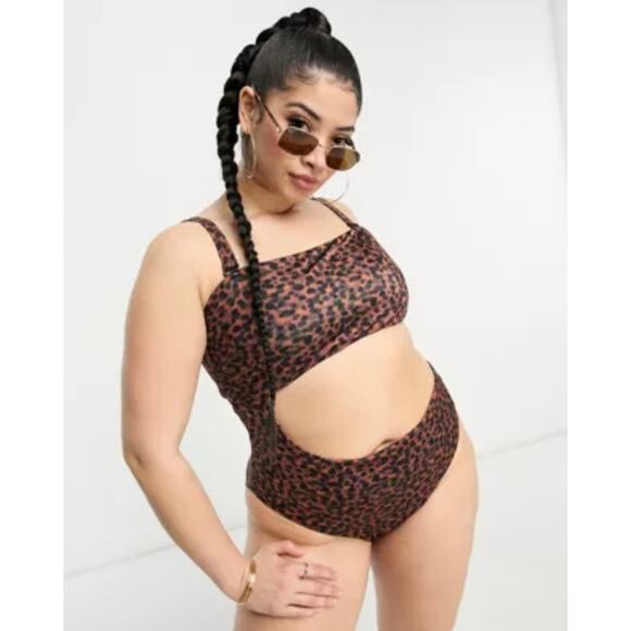Asos One Piece Swimsuit Womens Plus 18 Black Orange Tortoise Bandeau Cut Out NWT - Picture 1 of 7